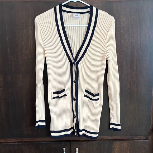 CAbi Navy Blue Cream Ribbed Radcliffe Cardigan Sweater Small #5458 - Picture 2 of 5